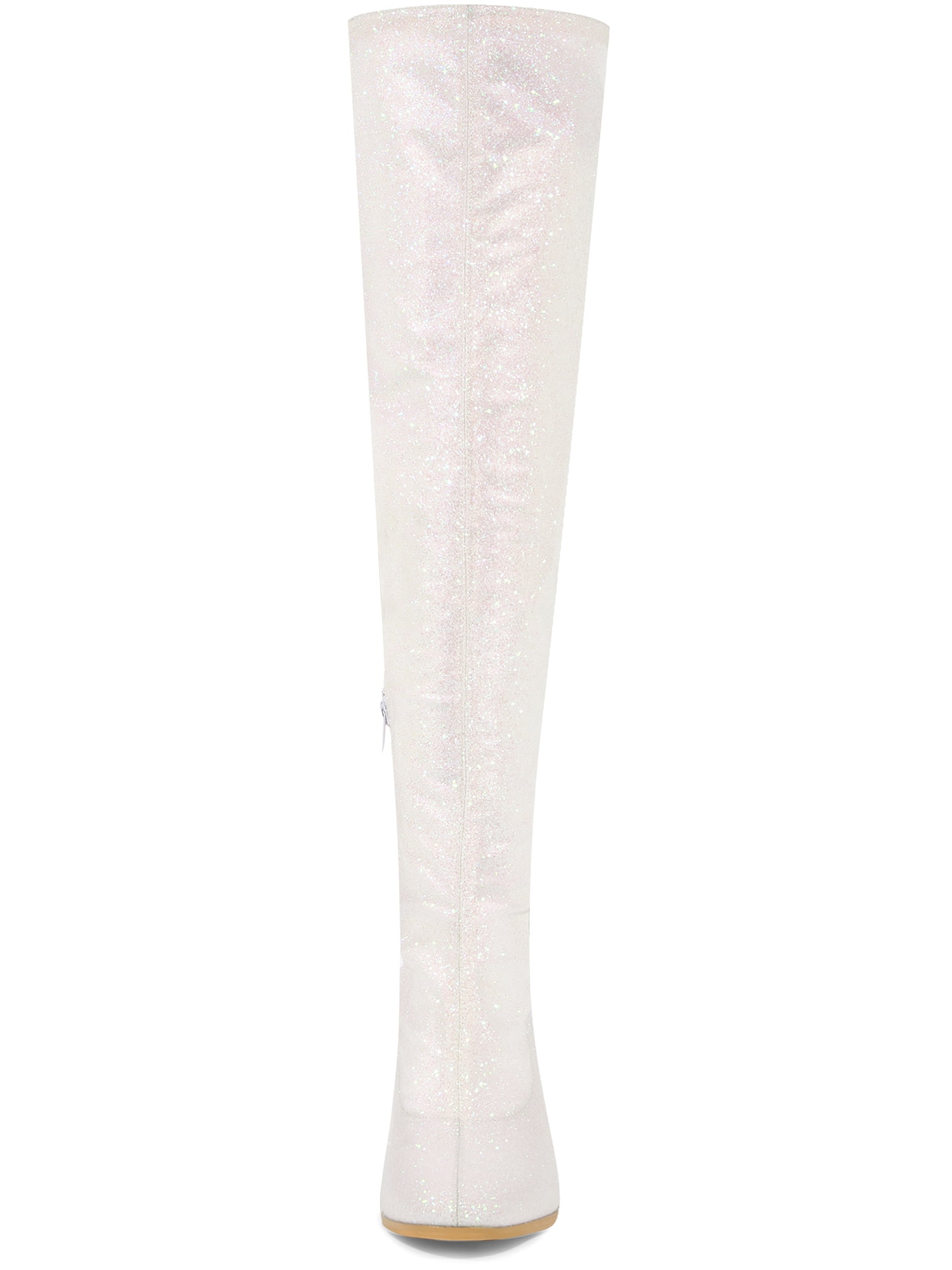 DARING DIVA Women's Glitter Round Toe Chunky Heel Over the Knee High Boots White 8.5