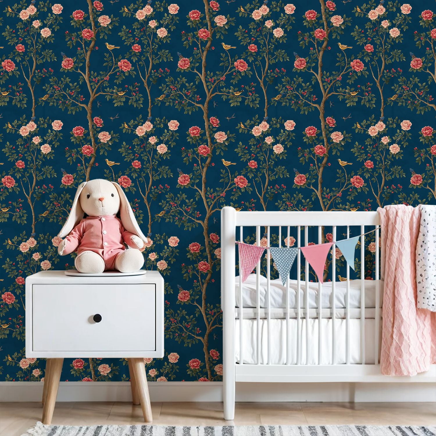 Peel and Stick Wallpaper Vintage Floral Birds Peony Flowers Deep Blue Wall Mural 23.6in x 9.8ft Self Adhesive Removable Wall Paper Renter Friendly Wallpaper for Nursery Bedroom Cabinets