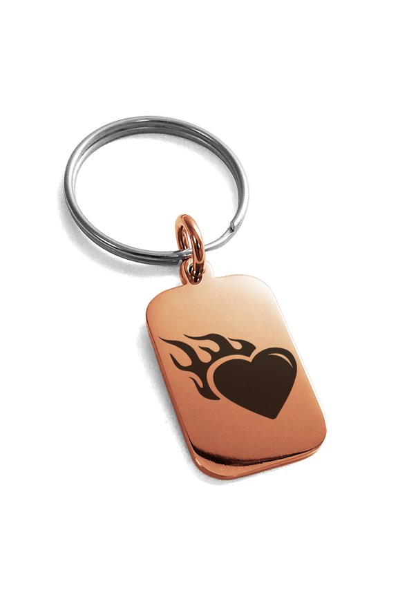 Stainless Steel Flaming Heart Engraved Small Rectangle Dog Tag Charm Keychain Keyring