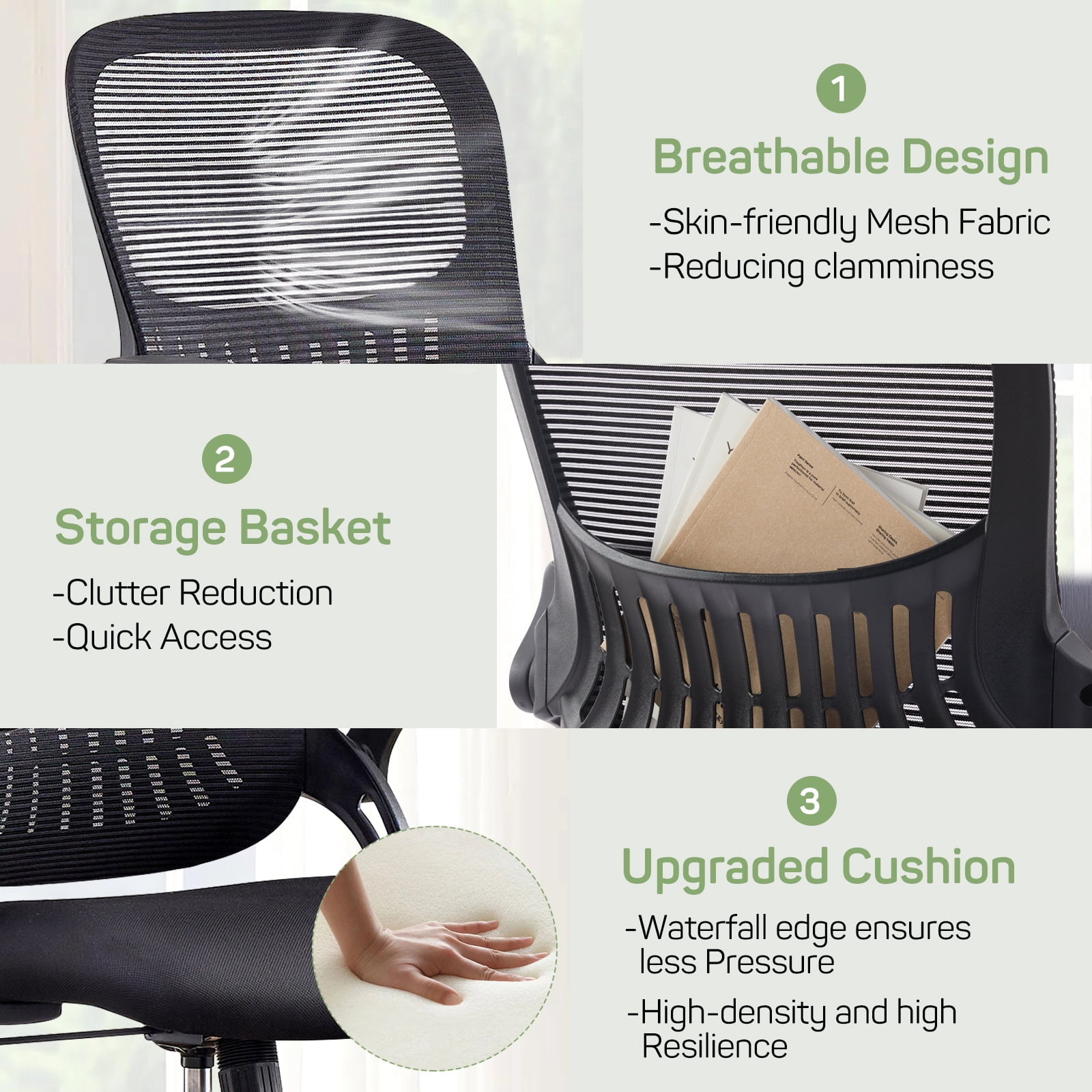 Casabay Office Chair, Ergonomic Mesh Desk Rolling Work Swivel Task Chairs with Flip-up Armrests, Comfortable Lumbar Support, for Home, Bedroom, Study
