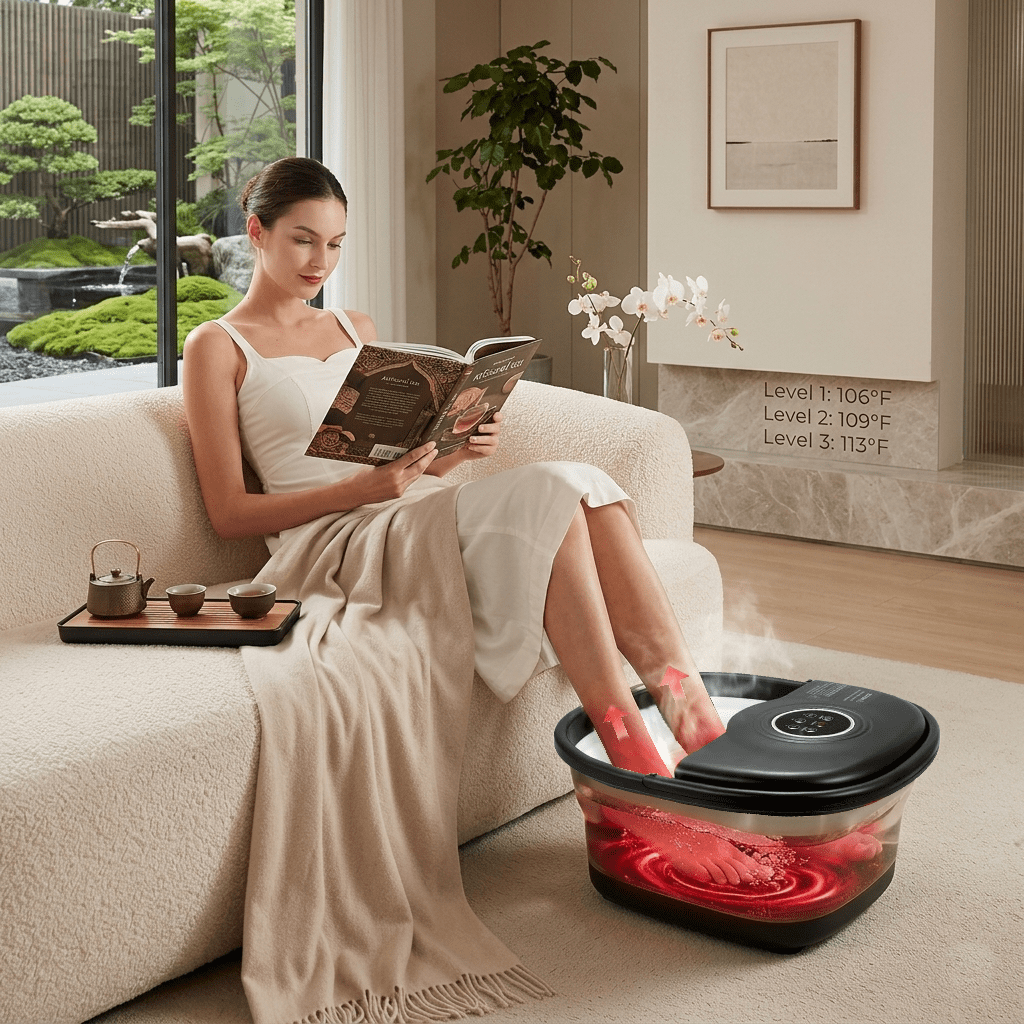 Koramzi Foot Spa Bath Massager with Heat, Bubbles, Remote, Foldable Design, 3 Temp, Rollers, Pumice Stone, Red Light, Timer, Fits up to Men Size 12, Black/White