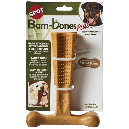 SPOT Bam-Bones Plus T-Bone Dog Chew Toy, 7", For Aggressive Chewers Dogs & Puppies Under 90 lbs, Peanut Butter Flavor, Bamboo Fiber & Nylon, 1 Pack
