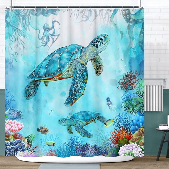 Sea Turtle Shower Curtain, Blue Ocean Underwater Turtle Octopus Fish Coral Beach Shower Curtain, Marine Life Aquatic Plant Coastal Nautical Shower Curtain For Bathroom Hooks Included 72"X72" Blue