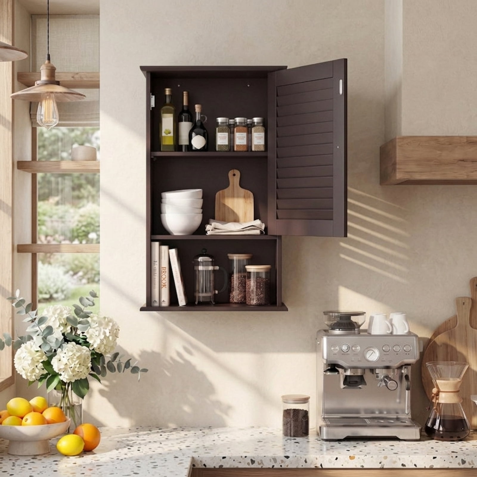 Vebreda Wall Mount Bathroom Storage Cabinet with Louvered Single Door and Adjustable Shelf for Small Bathroom Laundry Room Organizer, Brown