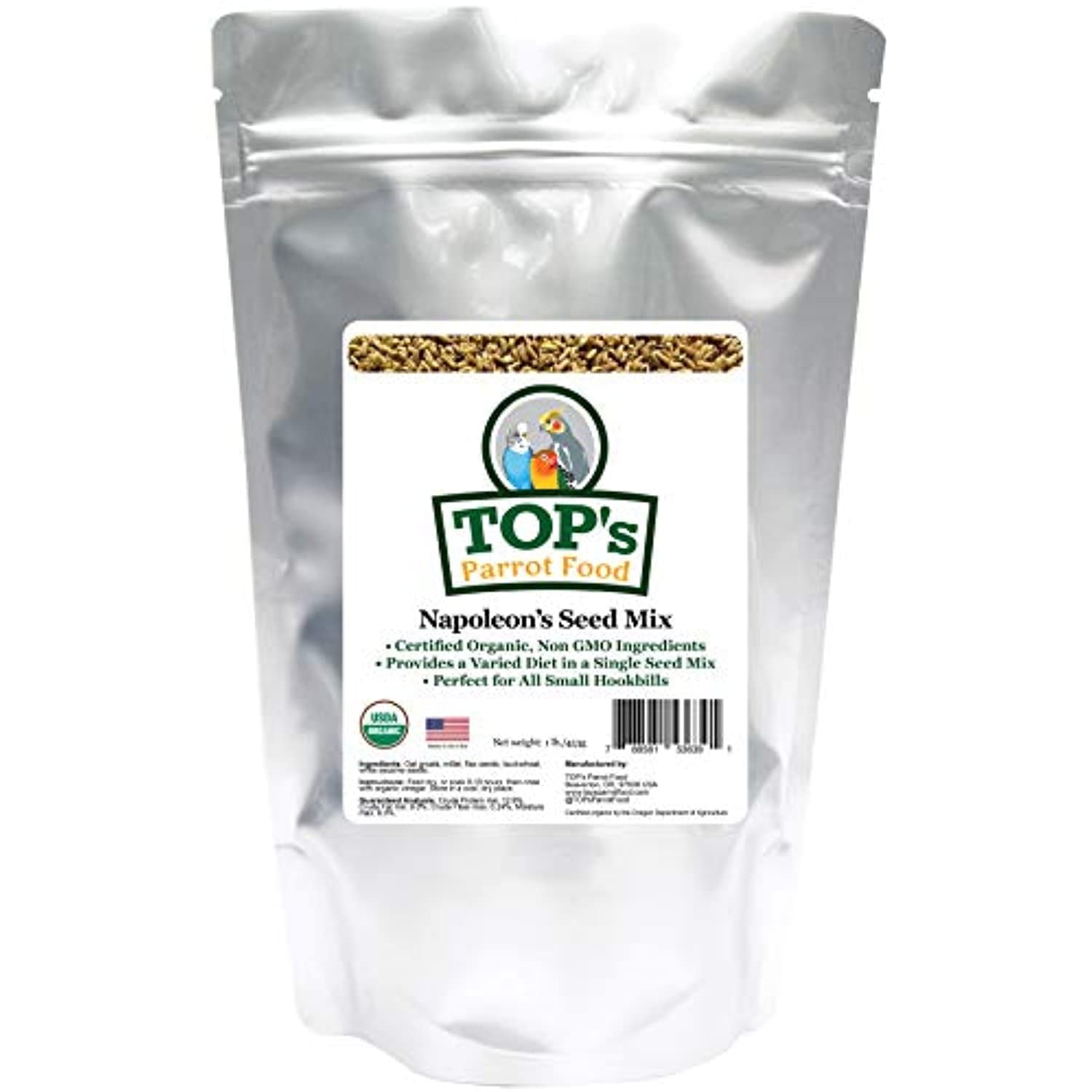 TOP's Napoleon's Seed Mix for All Small Hookbills, Non-GMO, Soy Free, Corn Free, USDA Organic Certified, 1 lb