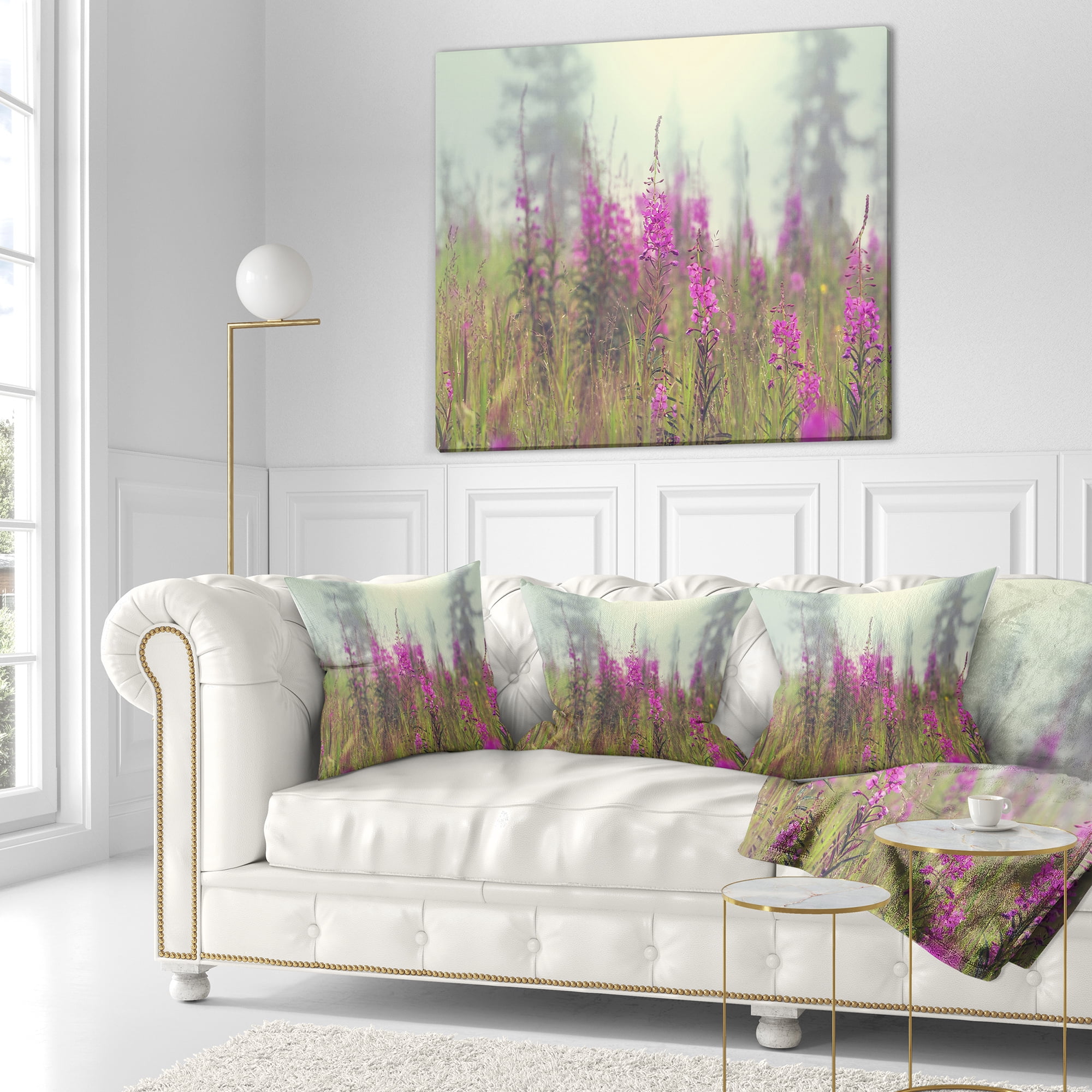 Designart Purple Summer Flowers in Foggy Field - Floral Throw Pillow - 18x18