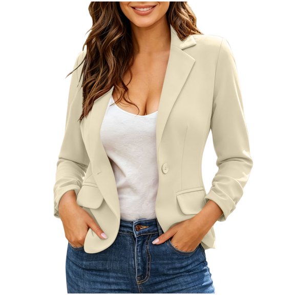 Qiopertar Womens Blazer Casual Office Work Jacket Notched Lapel Long Sleeve Button Front Lightweight Slim Fit Solid Business Jacket, Beige L