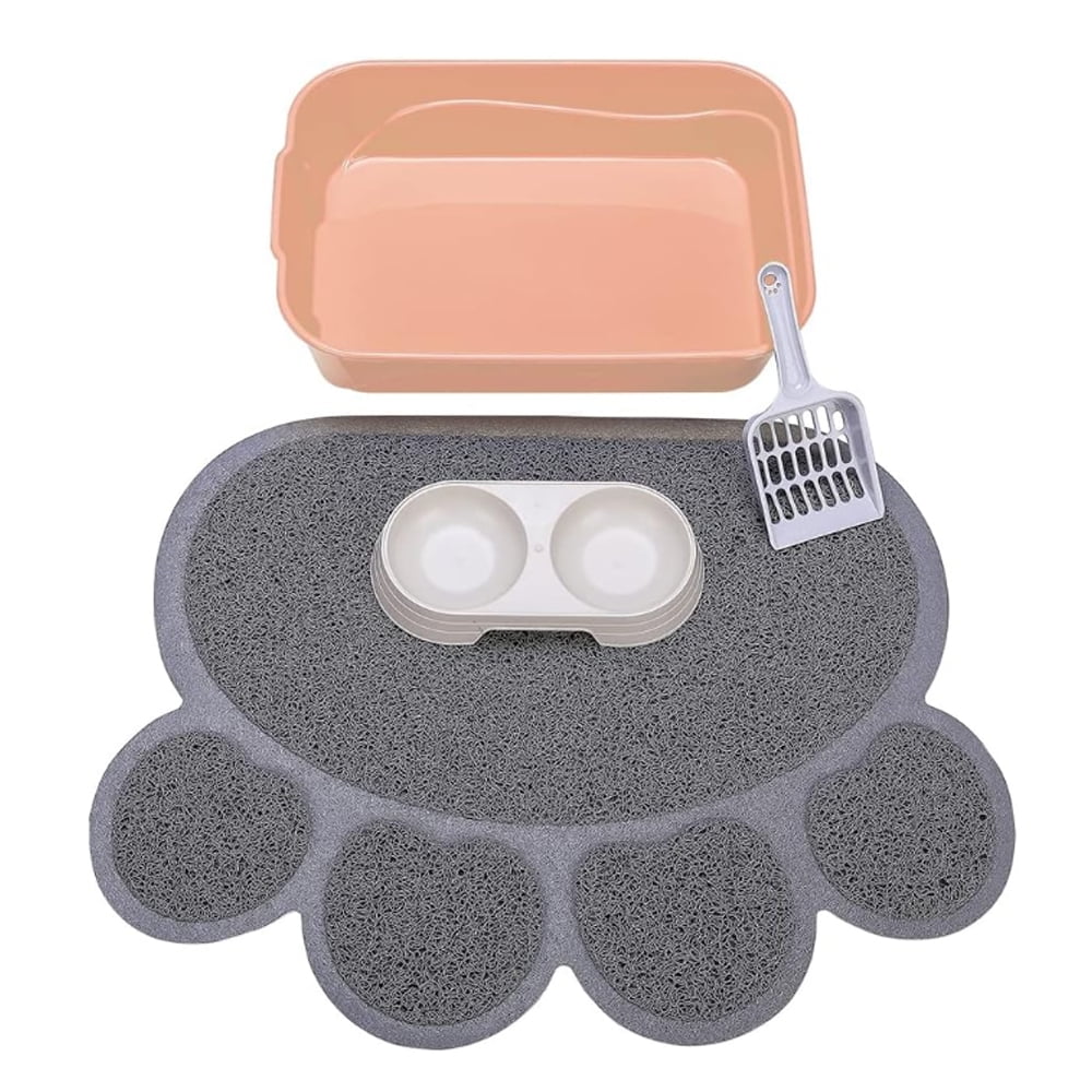 GreenJoy Kitty Litter Box Starter Kit - Without Lid Cat Litter Pan, Mat, Scoop and Bowl for Kitten
