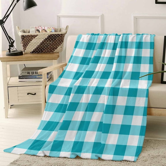 Fleece Blanket Teal Blue White Plaid Lattice Blankets, Soft Cozy Warm Flannel Throw Blanket, Abstract Gradient Line Blanket for Bed Couch Sofa,40x50In