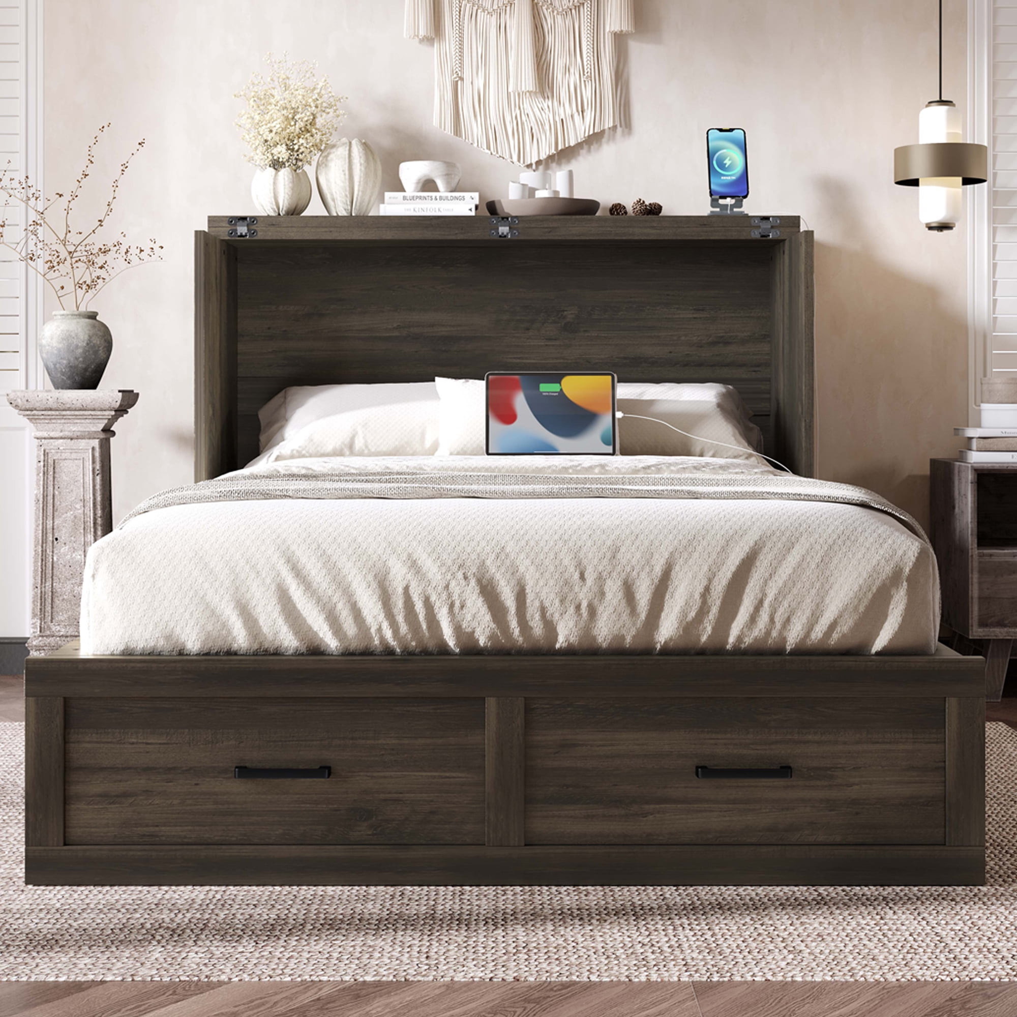 Mintazer Full Murphy Cabinet Bed with Charging Station & Large Storage Drawer, MultiFunctional Foldable Platform Bed for Guest Room Bedroom, Brown