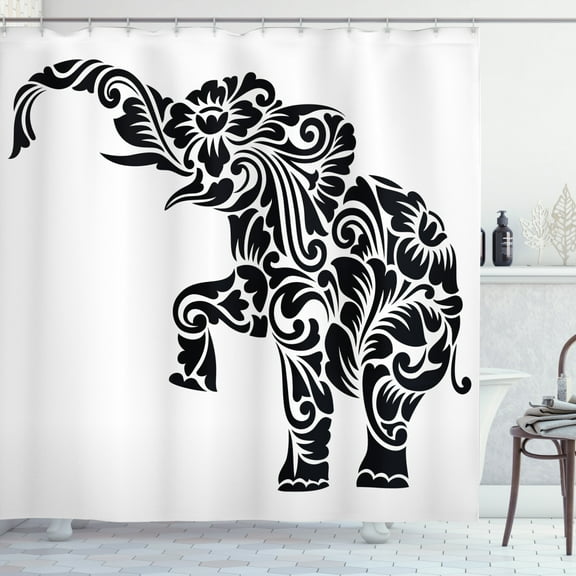 Elephant Shower Curtain, Floral Ornamental Ethnic African Sacred Animal Symbolism Mammal Tattoo Art, Fabric Bathroom Set with Hooks, 69W X 70L Inches, Black and White, by Ambesonne