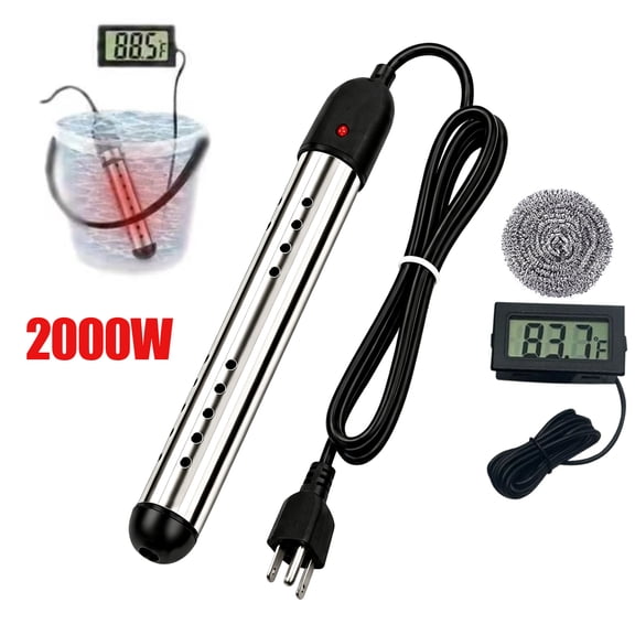 Immersion Water Heater,2000W Portable Electric Bucket Heater for Camping, RV, Bathtub, Fast Heating Rod with LCD Display, Auto Shut-Off & Thermometer,Black