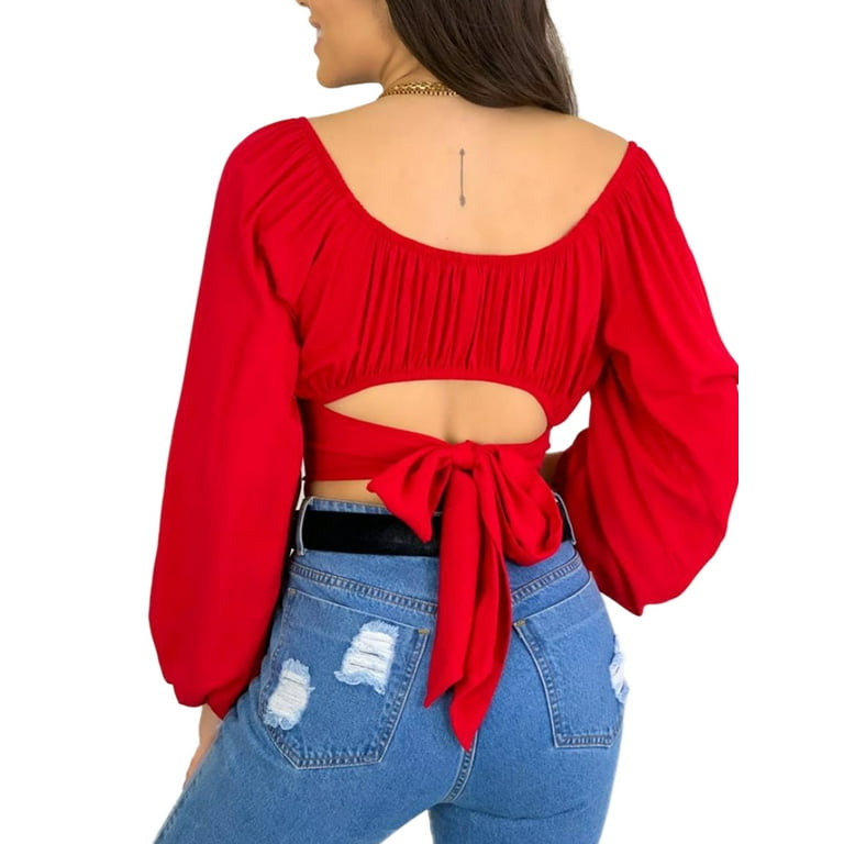 Women Tie Back Crop Top Off Shoulder Puff Sleeve Ruched Bust Tops Shirt  Blouse