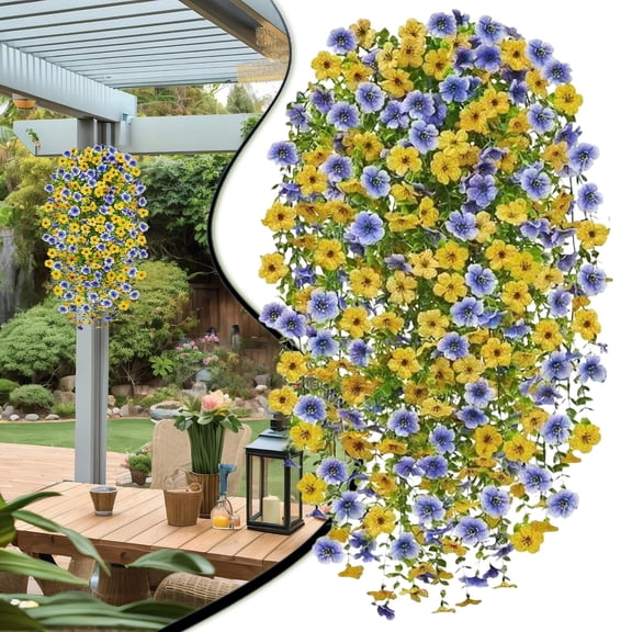 Realistic Artificial Hanging Flowers Autumn Mums Fake Plants for Outdoor Patio Garden Indoor Home Window Sill and Fall Seasonal Decoration, Blue and Yellow