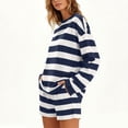 thumbnail image 4 of sdhkgrrt Women's 2 Piece Matching Lounge Set Soft Long Sleeve Round Neck Pullover Tops Drawstring Waist Shorts Striped Loose Casual Outfits Fall Tracksuit Clothing , Navy M, 4 of 6