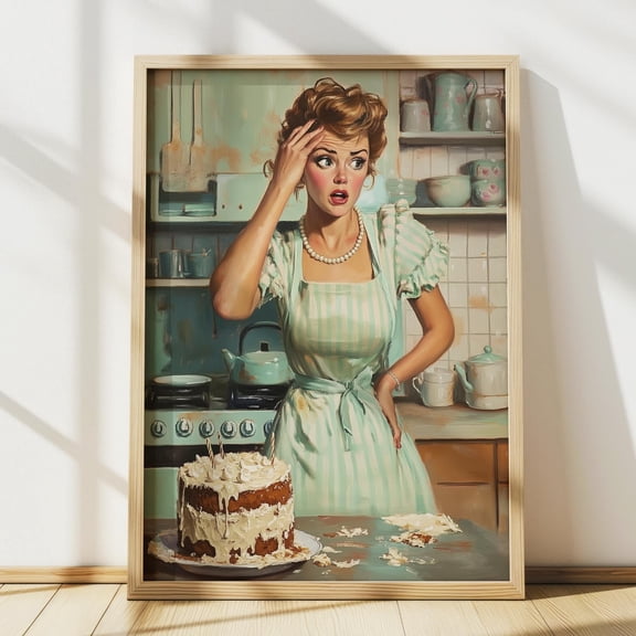 50s Funny Kitchen Wall Art, Retro Housewife Cake Baking Disaster Print, Vintage Baker Poster Decor, Print, Poster Only