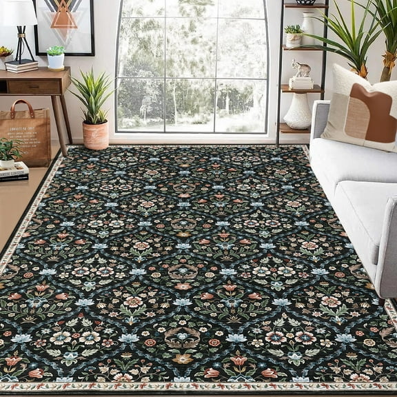 Garvee 5'x7' Vintage Distressed Area Rug Geometric Carpet with Non Slip Backing, Machine Washable Rug Stain Resistant Indoor Rug for Living Room Bedroom Home Office, Black