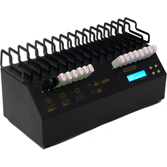 EZ Dupe USB Cyclone Duplicator - 1 to 15 USB 2.0/3. Flash Media Drives & External Hard Drive Copier - HDD SSD Cloner (45MB/Sec) with DOD Compliant Eraser