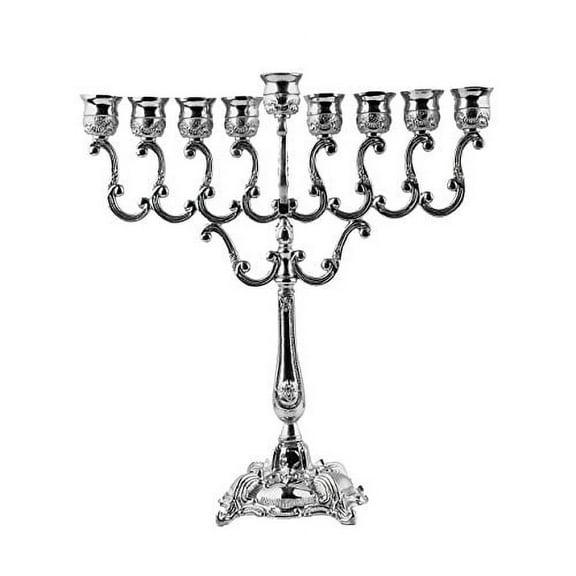Ner Mitzvah, 10" High, Silver Plated Hannukah Oil Cups And Large Candles Menorah - Olive Branches Style