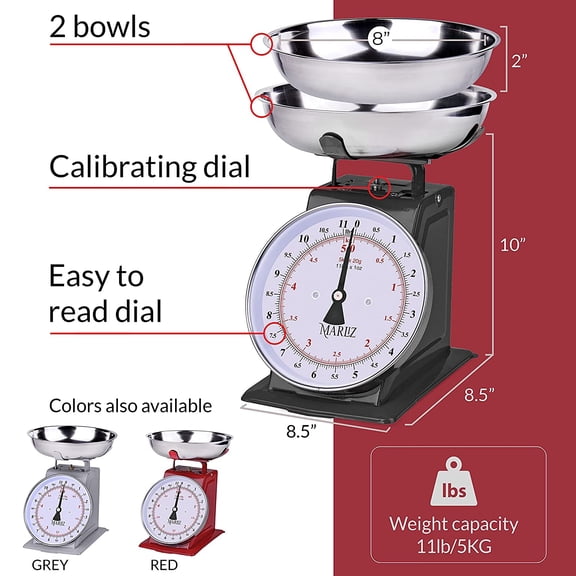 Kitchen Scale 11Lb/5Kg with 2 Bowls | Mechanical dial Scale | Vintage Kitchen Scale | Pesa para alimentos | Bascula de cocina | Black | Bakers Scale