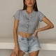 thumbnail image 3 of Camiseta de manga corta con cuello vuelto para mujer, Top corto de punto acanalado con botones de Color puro ajustado para citas, 3 of 8