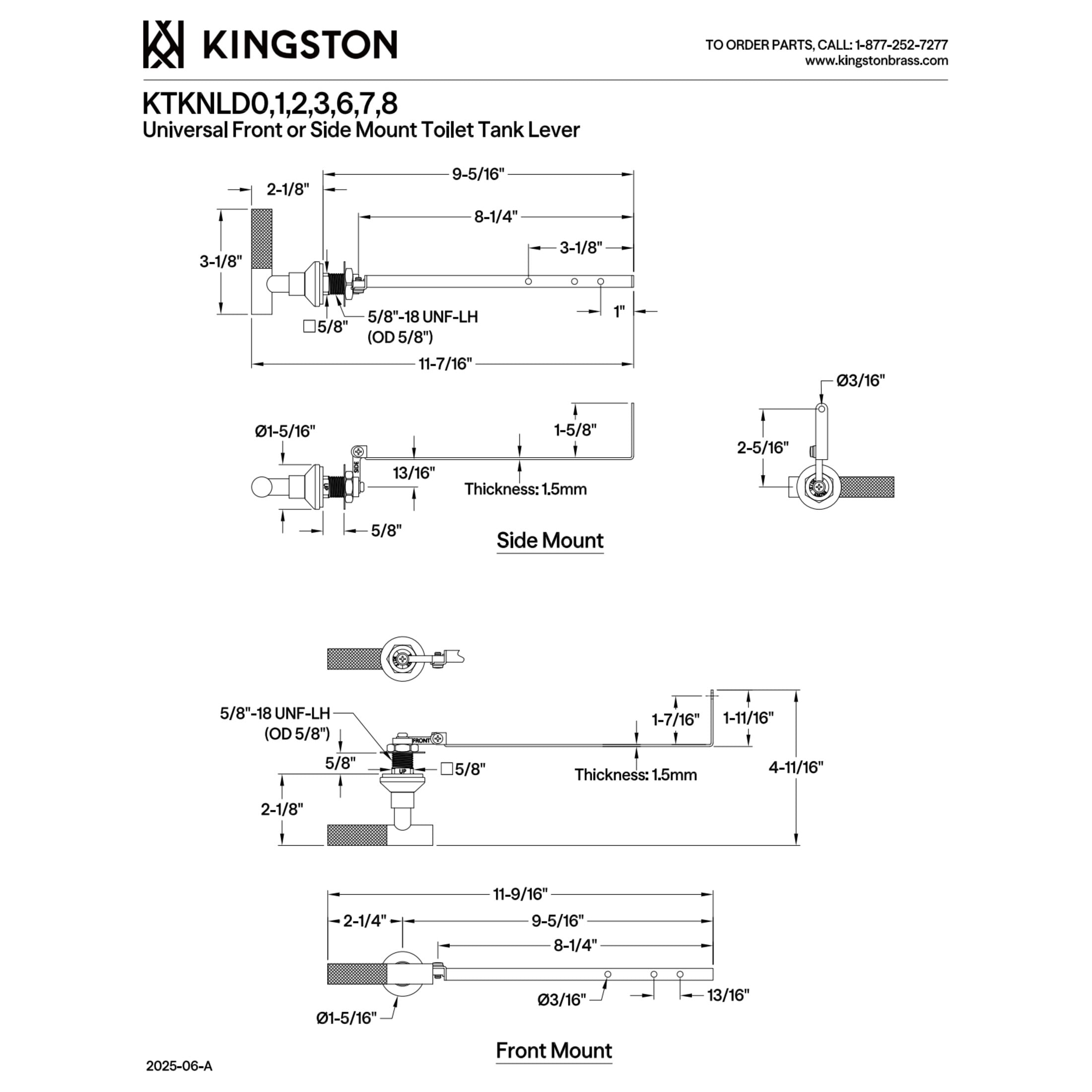 Kingston Brass KTKNLD2 Universal Front or Side Mount Toilet Tank Lever with Knurled Handle in Polished Brass