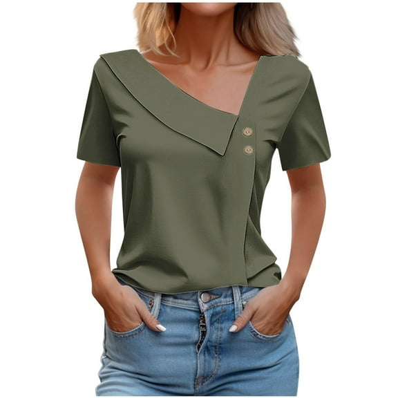 Scyoekwg Going Out Tops for Women Skew Collar Button Short Sleeve T Shirts Ladies Tops Trendy Solid Color Summer Loose Casual Tshirt (Army Green,XXXL)