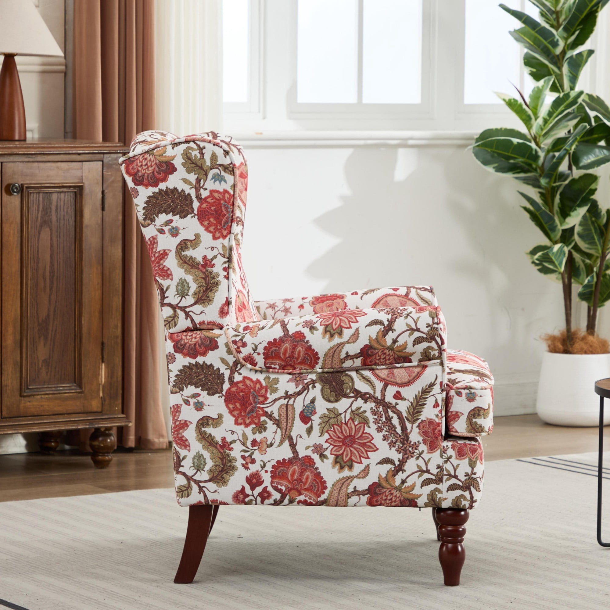 Modern Accent Chair with Wood Legs,Retro Upholstered Armchair Single Sofa Chair Reading Accent Chair for Living Room Bedroom Office,Floral Red