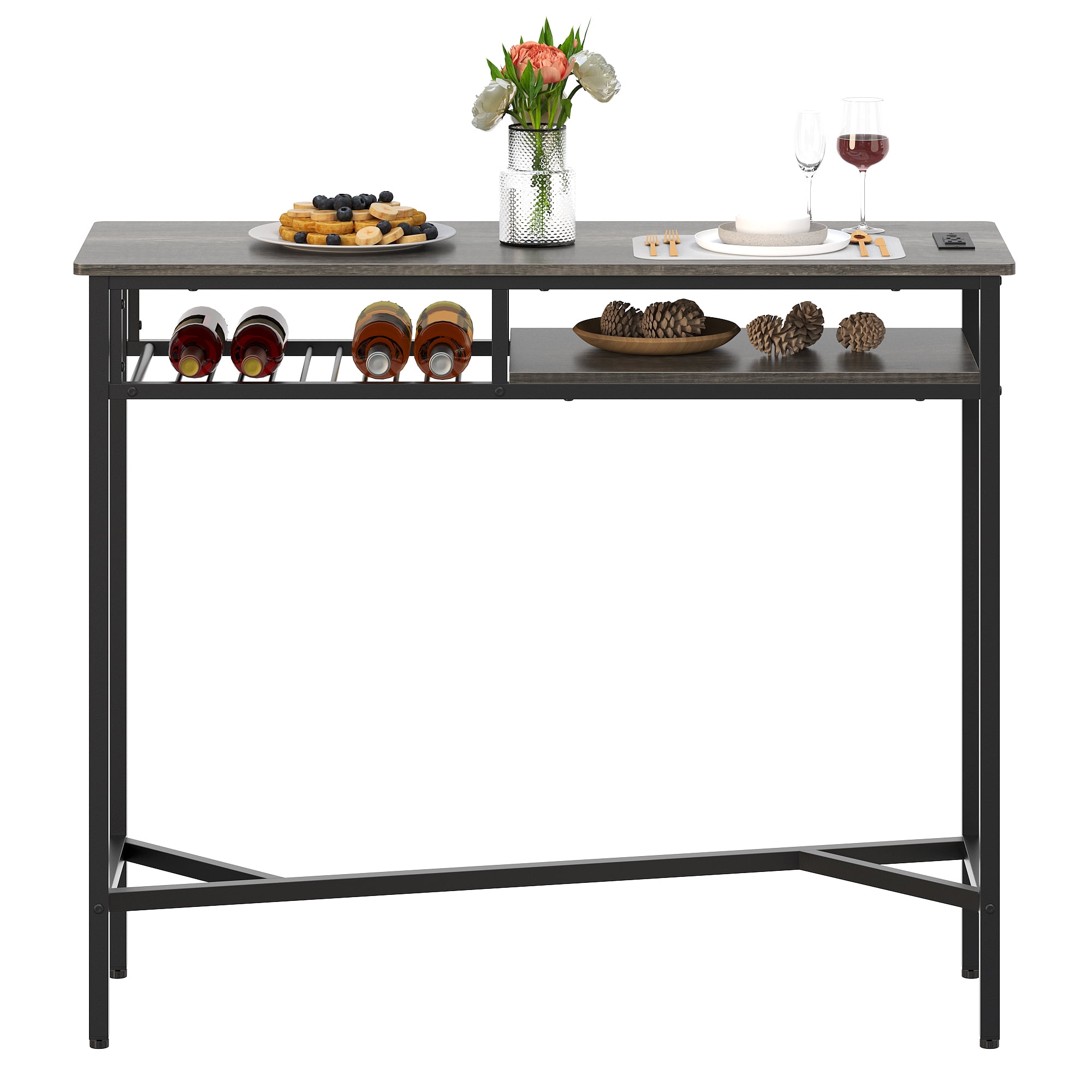 Yoneston 47.25" Bar Table with Charging Station, Rectangular High Kitchen Dining Counter Table with 2 Storage Shelves for Living Room Office Balcony, Black Oak