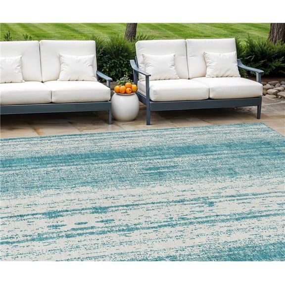 HomeRoots 589917 8 x 10 ft. Striped Washable Indoor & Outdoor Rectangle Area Rug, Teal Blue & Ivory