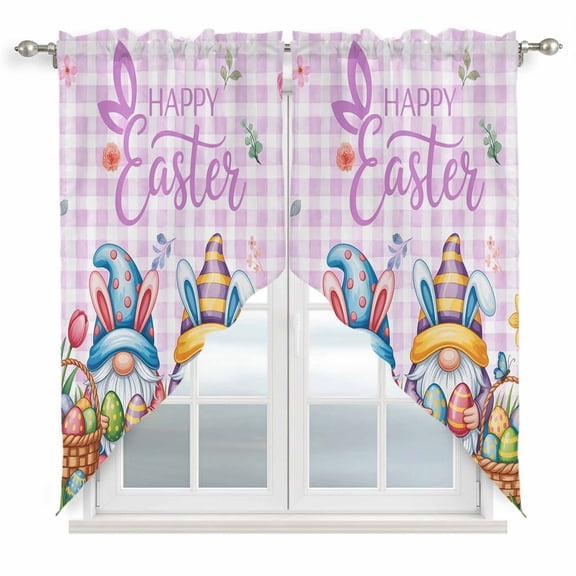 Easter Gnomes Bunnies Swag Curtains for Kitchen/Bedroom/Living Room, Spring Easter Eggs Floral Purple Plaid Scalloped Curtains 63 Inch Long, Window Swag Topper Curtains Valances 2 Panels Set 36"x63"