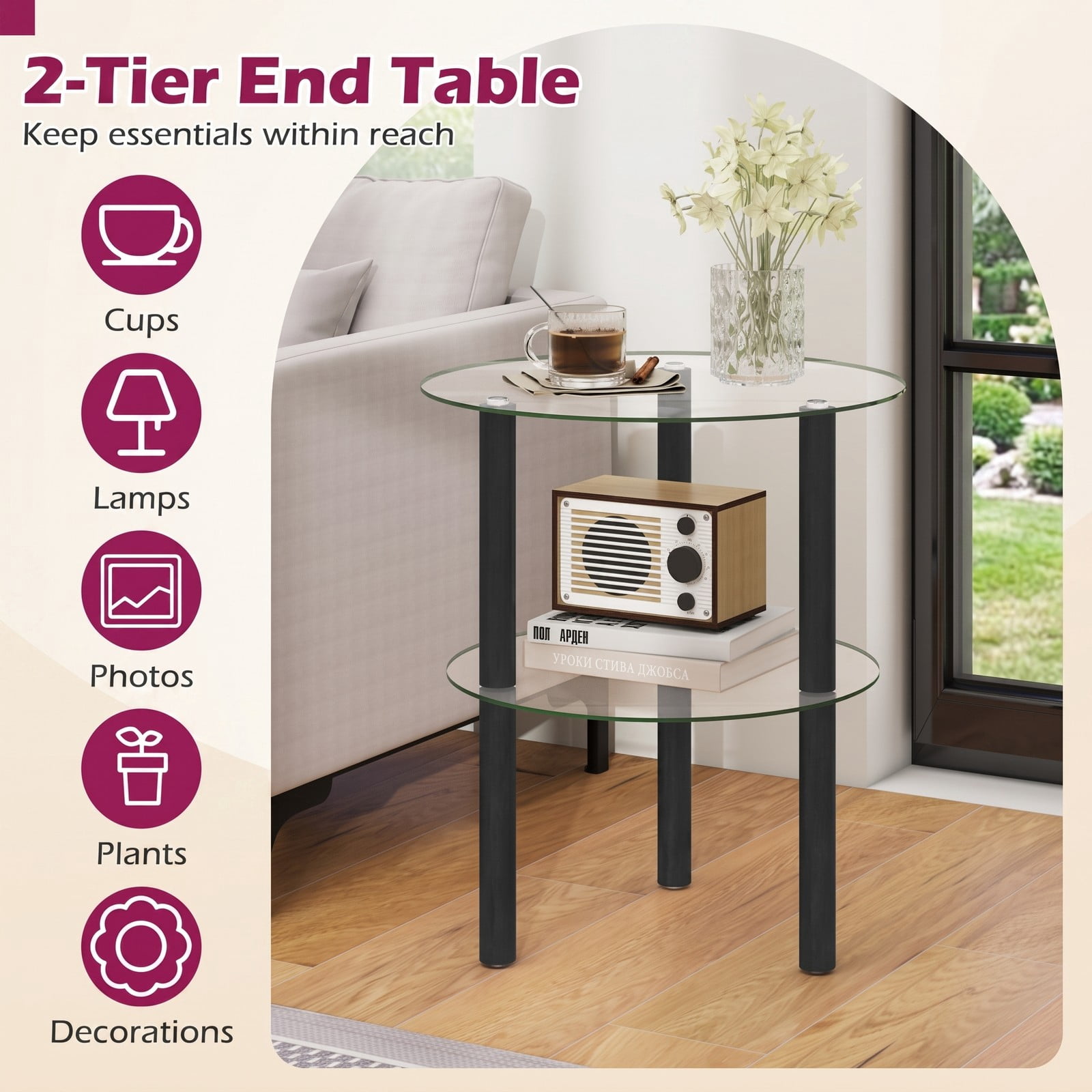 Furnibear 2-Tier Round End Table with Clear Tempered Glass Top and Storage Shelf, Rubber Wood Legs Side Sofa Nightstand for Living Room Bedroom, Black