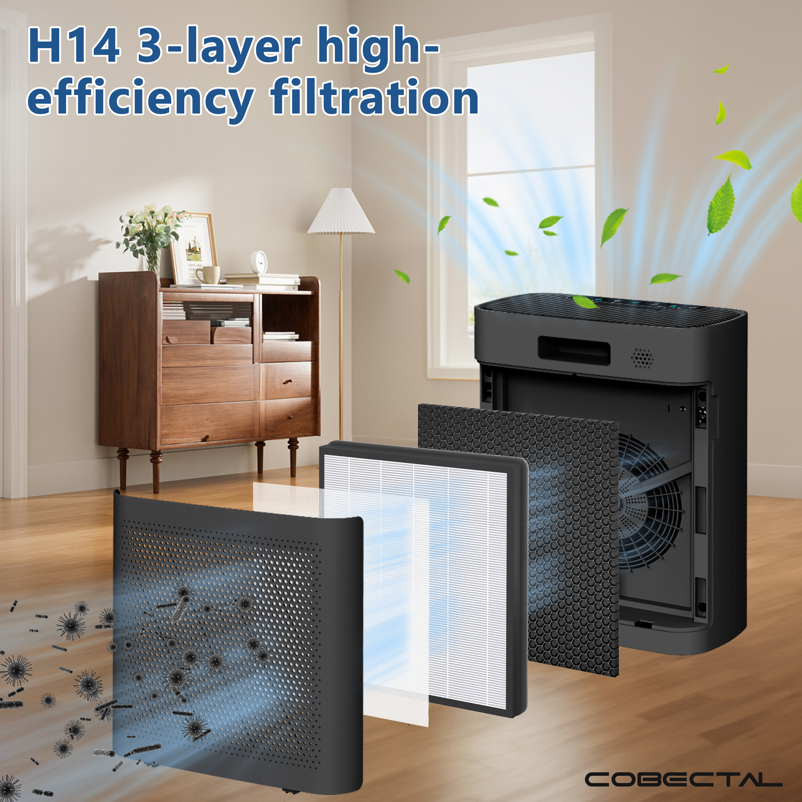 Cobectal H14 Air Purifiers for Home Large Room, HEPA Air Purifier ZQA-8000A Suitable for Bedroom Pet, Black