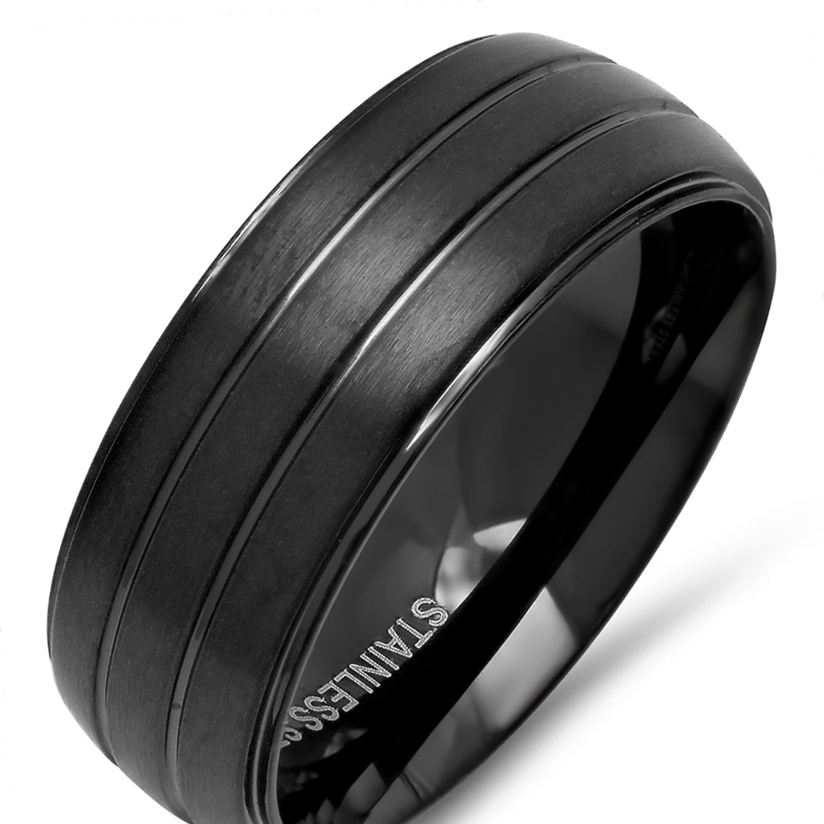 Men's Black Ip Stainless Steel Matte Lined Band Ring