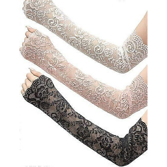 3 Pairs Women Lace Arm Sleeves Long Lace Gloves Fingerless Arm Covers Warmers Black White Pink
