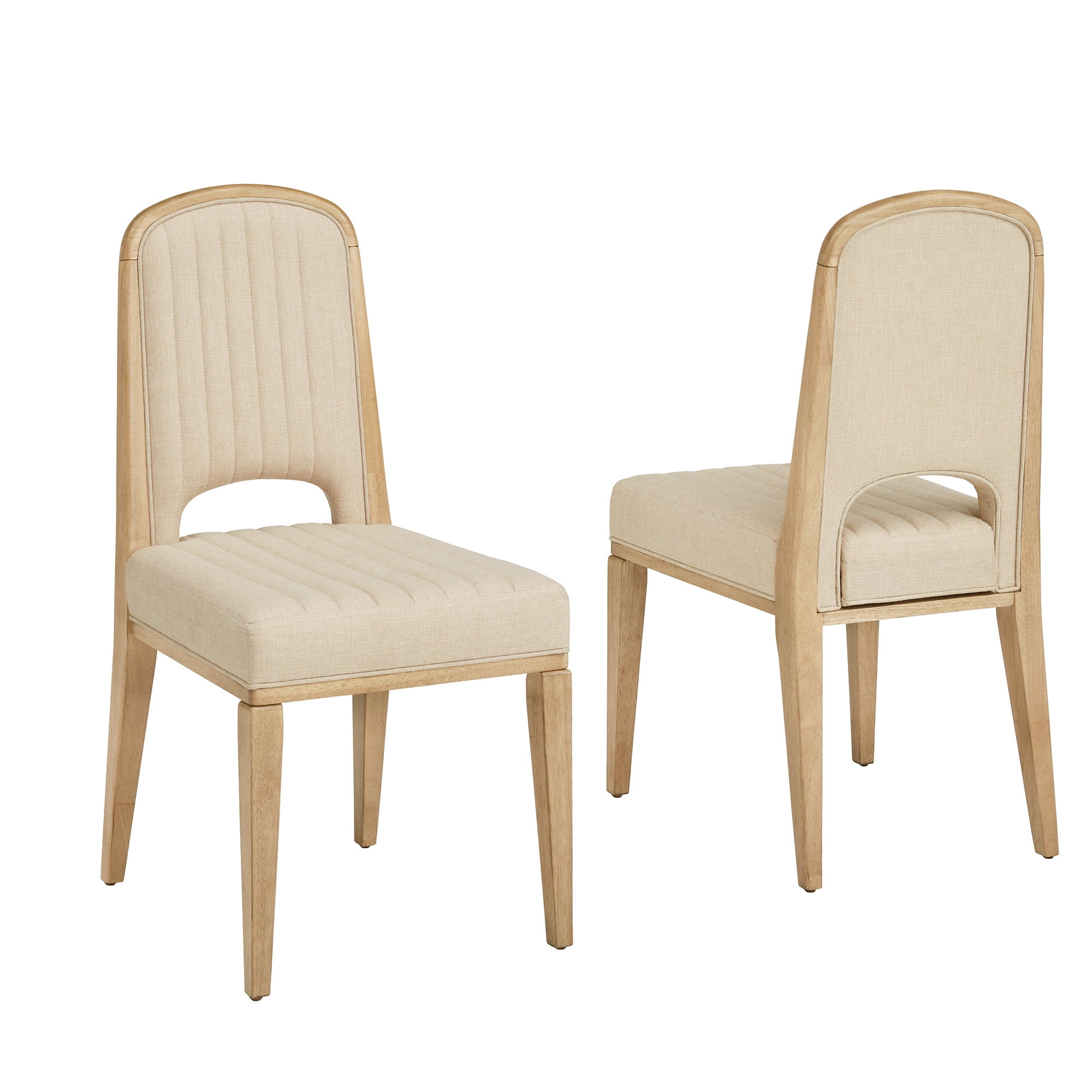 Weston Home Alta Wood Finish Cream Fabric Channel Stitching Dining Chair, Set of 2, Oak Wash
