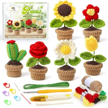 Complete Crochet Kit for Beginners - 6 PCS Potted Plants,Starter Pack for Adults and Kids with Step-by-Step Instructions and Video Tutorials