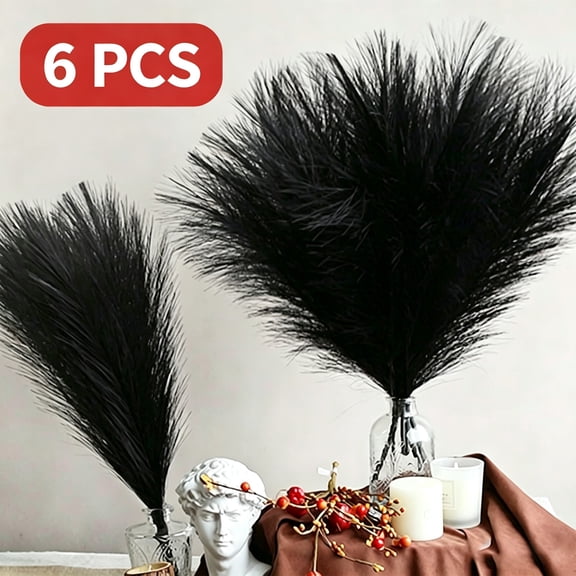 Black Faux Pampas Grass,6 PCS Artificial Velvet Pampas Grass, Fake Feather Reed Sticks for Gothic Home Decor, Wedding, Birthday Party, Festival and Contemporary Interior Christmas Decorations