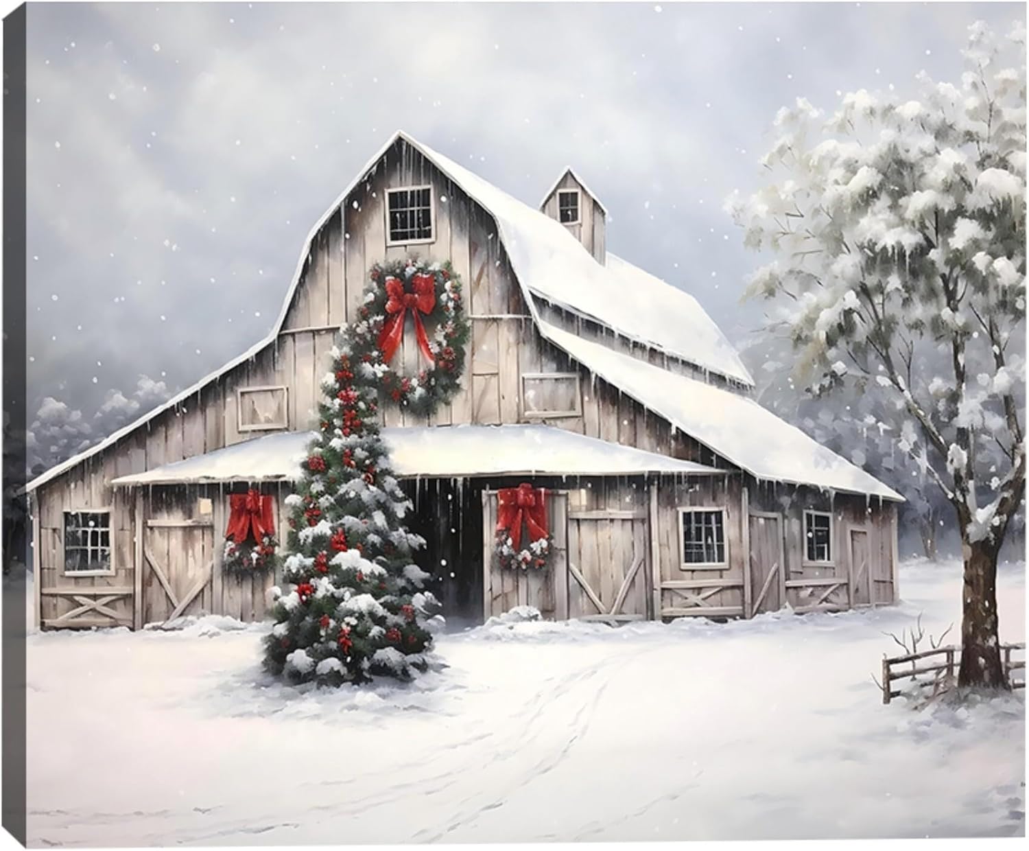 Framed Christmas Wall Art, Farmhouse Barn Pictures Wall Decor Winter snow Scene Canvas Painting Print Home Artwork Decorations for Bathroom Living Room Bedroom