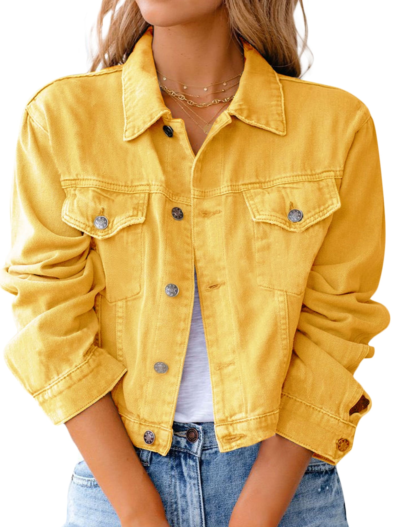 Pudcoco Women Loose Denim Jacket Long Sleeve Button Down Jean Trucker