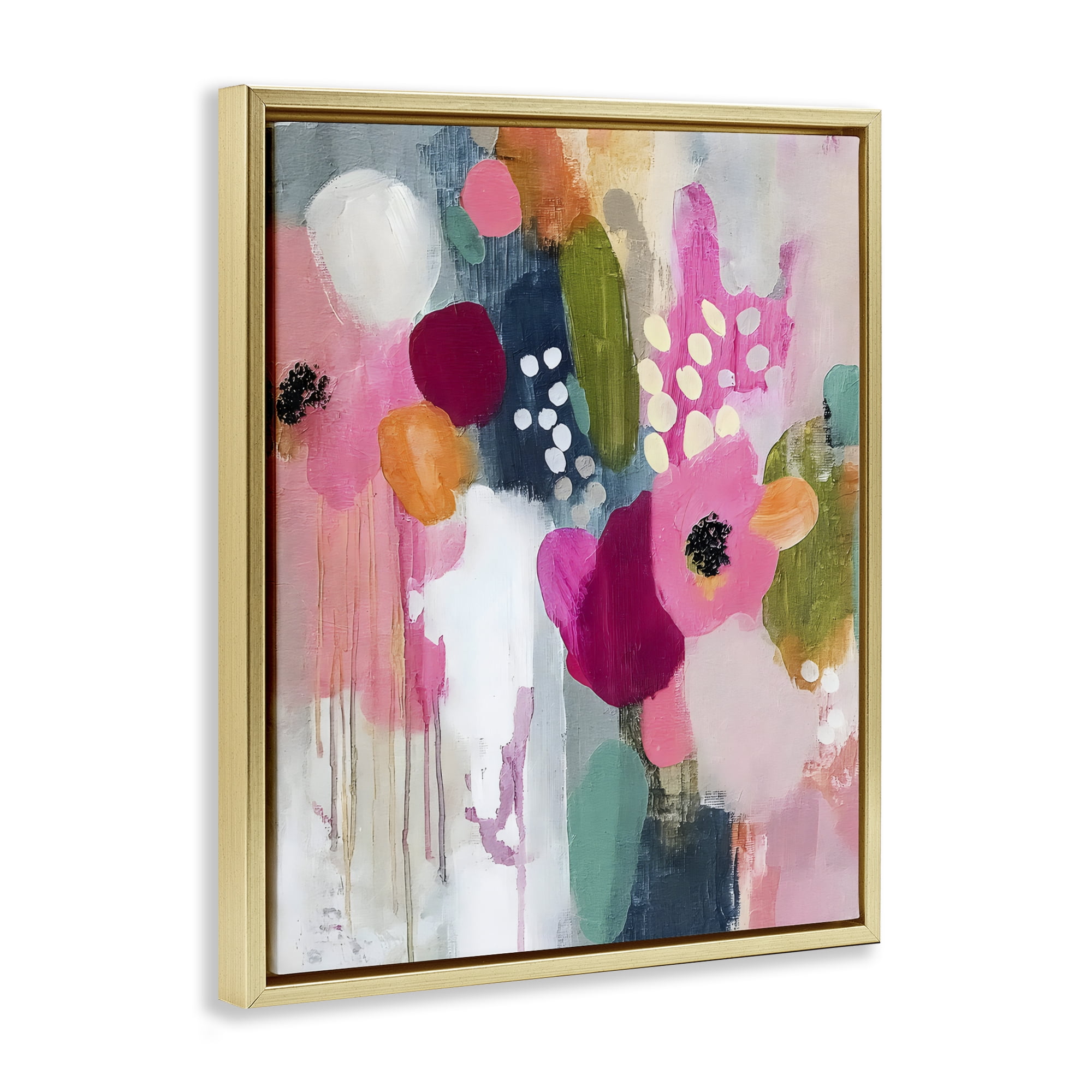 Stupell Industries Paint Drip Blooms Cascade Gold Framed Floater Canvas Wall Art, design by Riley B
