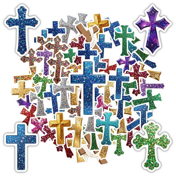 35pcs Sparkling Cross Stickers Religious Holographic Stickers PVC Stickers for Luggage Guitar Car