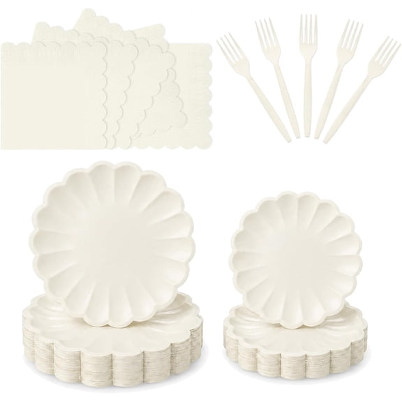 100 count White Disposable Plates and Napkins Tableware Set for 25 Guests, Paper Plates with Forks for Birthday Wedding Shower Party