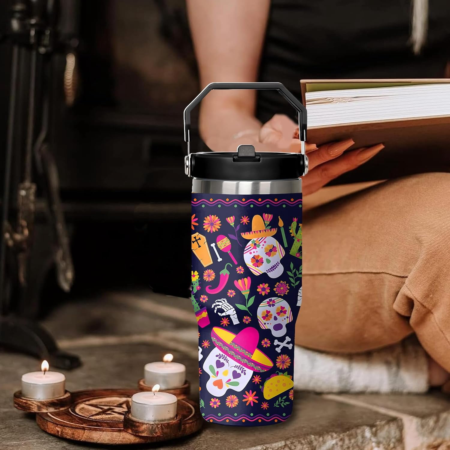 Skull Halloween Cup 30 Oz Tumbler with Handle and Flip Straw, Insulated Halloween Tumbler Keeps Drinks Cold & Hot, Stainless Steel Halloween Coffee Mug Halloween Themed Halloween Gifts For Women