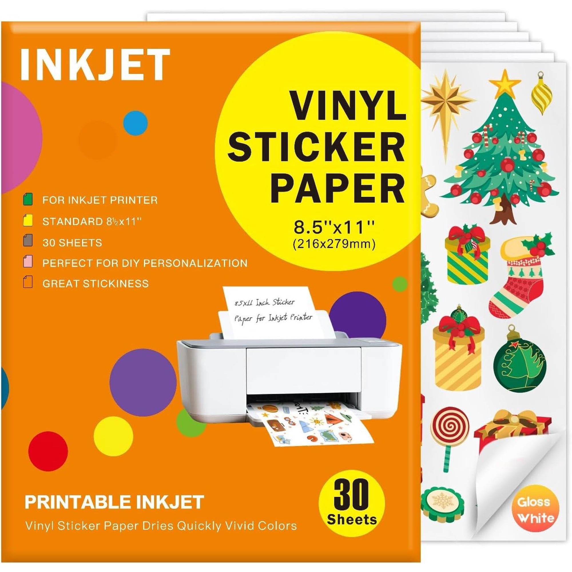 Printable Vinyl Sticker Paper for Inkjet Printers, Glossy White | Quick-Drying, Colors, and -Resistant, Designed for Cricut and Silhouette Cutters, 8.5X11 Inch 30 Sheets