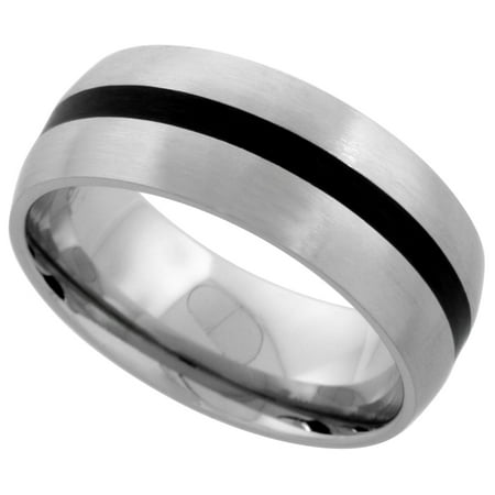 Surgical Steel Domed 8mm Wedding Band Ring Black Stripe Inlay Center Matte Finish Comfort-fit, sizes 7 - 14