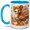 Blue, variant on Cute Turkey Fall 11oz Ceramic Mug with Patchwork Feather Artwork Ceramic mug featuring a bow turkey, patterned feathers, pumpkins, acorns, and autumn leaves for coffee or tea