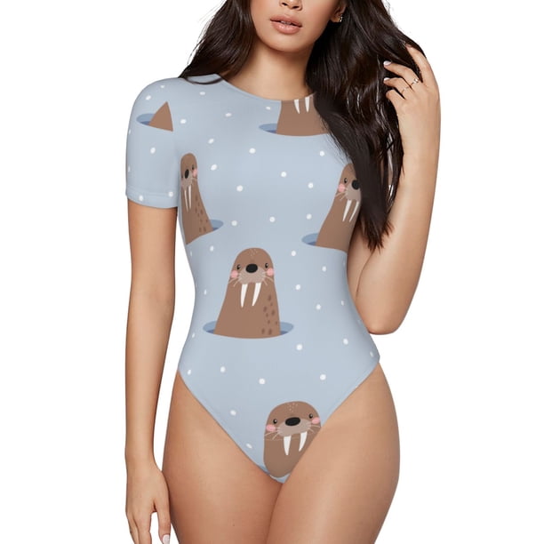 Fotbe Playful Walrus Wonders Body de Mujer con Cuello Redondo y Mangas Cortas, Sin Mangas Ajustado, Suave, Cómodo y Básico-Medium