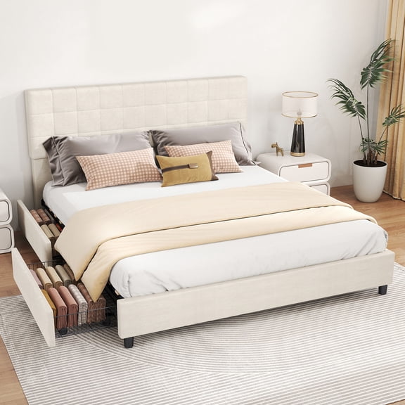 Upholstered Storage Bed Frame Platform Bed with 4 Drawers Velvet Headboard Modern Bed Frame No Box Spring Needed Easy Assembly for Bedroom