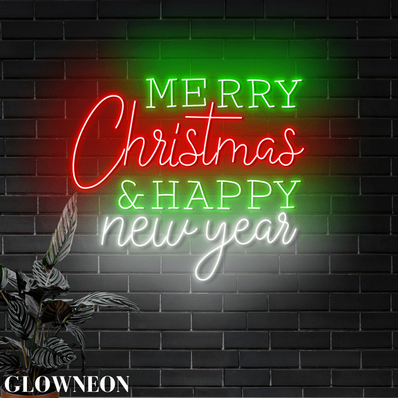 Glowneon Merry Christmas & Happy New Year Neon Sign, Holiday Wall Art